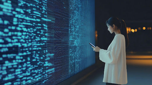 Asian woman standing on the right looking at a device in hear hand near a large screen

